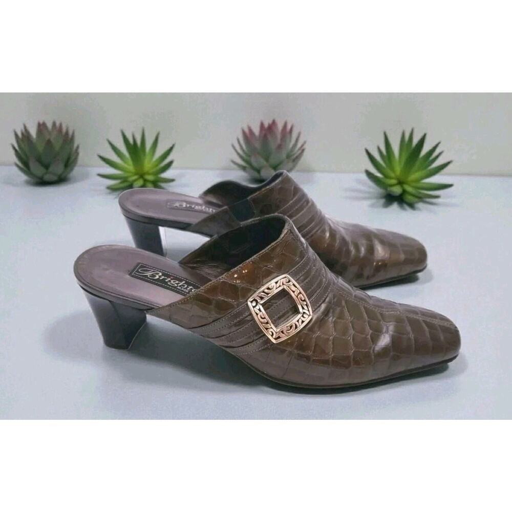 Brighton Tudor Olive Green Patent Leather Mules Shoes Size 7.5 M Slip On - Picture 1 of 6